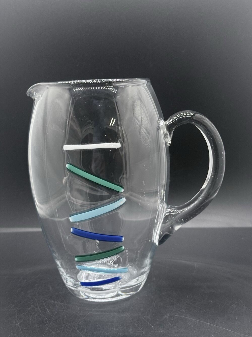 Art Glass Pitcher Clear Hand Blown Applied Blue Green White Stripes 8” Modern